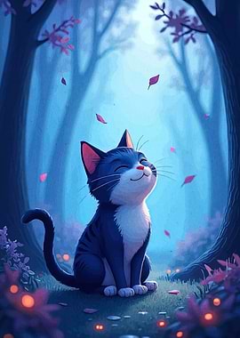 Happy Cat in Forest Illustration