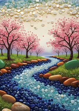 Cherry Blossom River Stone Art
