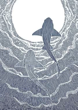 Shark and Fish Linocut Illustration