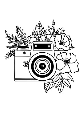 Camera with Floral Decoration Line Art