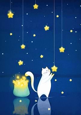 Cat Reaching for Stars Illustration