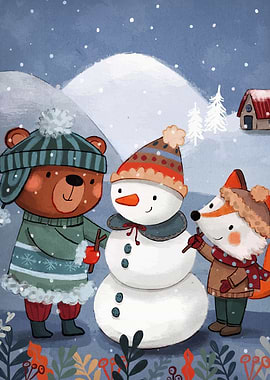 Bear, Fox, and Snowman Winter Scene