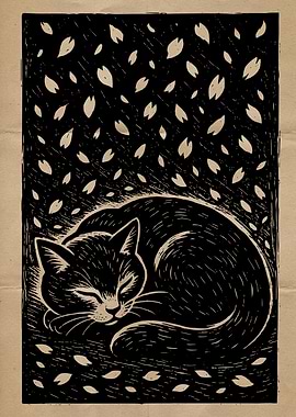 Sleeping Cat with Falling Petals