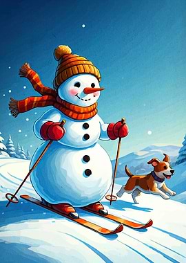 Snowman skiing with dog illustration