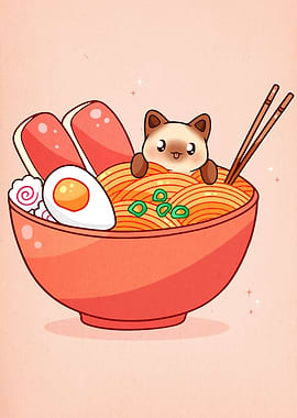 Cute Cat in Ramen Bowl Illustration