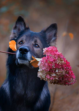 Dog with Hydrangea Flowers