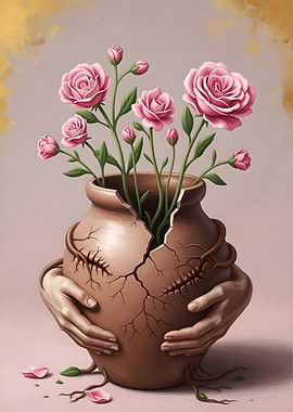 Broken Vase with Roses and Hands