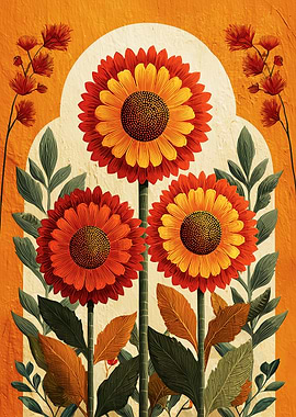 Boho Arched Sunflowers — Vintage Botanical Folk Floral Art