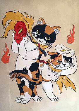 Cats with Masks Japanese Style Art