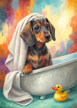 Dachshund Puppy in Bathtub with Duck