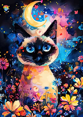 Siamese Cat in Floral Dreamscape