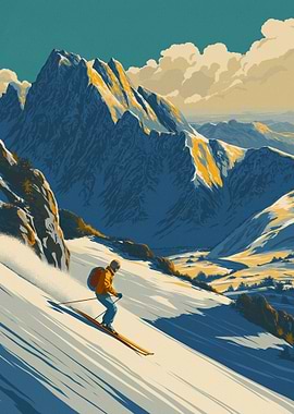 Skier in Mountain Illustration