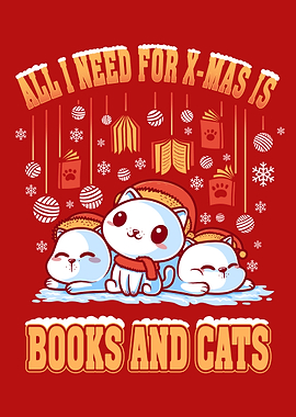 Books and Cats Christmas – Cute Cozy Kawaii Winter Kittens Art