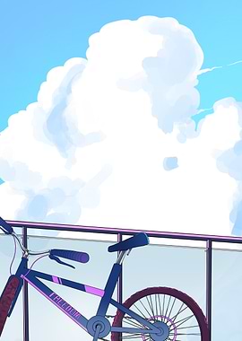 Blue Bicycle with Clouds Background