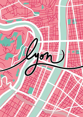 Lyon City Map Pink and Teal