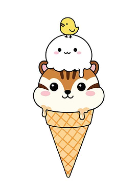 Cute Chipmunk Ice Cream Cone with Bird