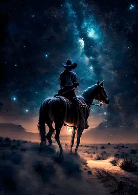 Cowboy on Horse Under Starry Sky