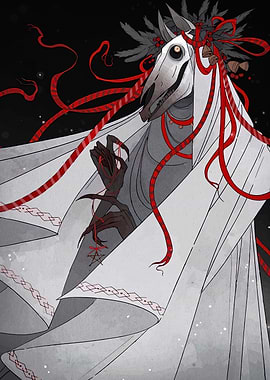 Ethereal Horse Skull Figure with Red Ribbons