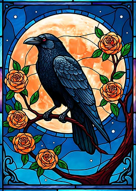 Raven and Roses Stained Glass Art
