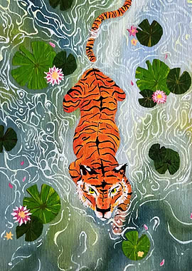 Tiger swimming in water lilies pond