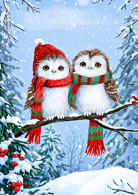 Winter Owls on Branch