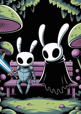 Hollow Knight characters on a bench