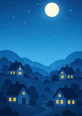 Dreamy Night Village Landscape Under Glowing Moon – Peaceful Blue Hills & Cozy Cottage Lights