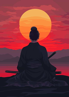 Samurai Woman at Sunset
