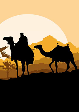 Camel Caravan Silhouette in Desert Landscape