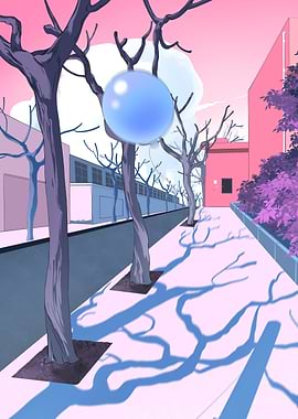 Pink Cityscape with Blue Orb