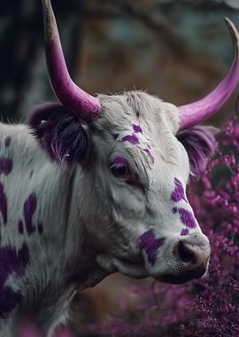 Cow with purple spots and horns