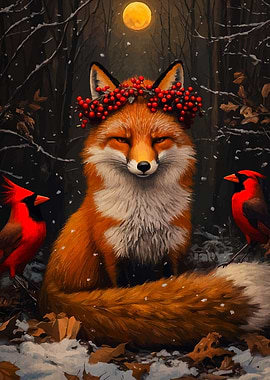 Fox with Berry Crown and Cardinals