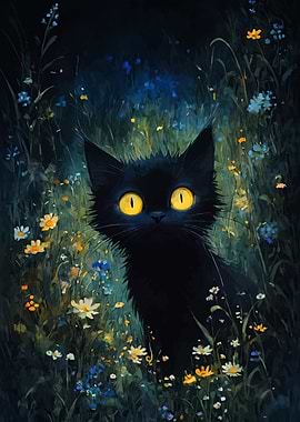 Black cat in a flower field