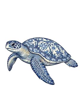 Blue and White Floral Turtle Illustration
