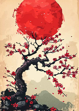 Cherry Blossom Tree with Red Sun