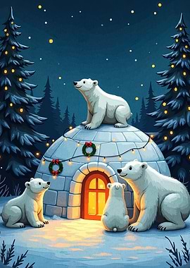 Polar Bear Family Christmas Igloo Scene
