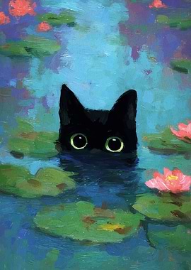Black Cat in Lily Pond Painting