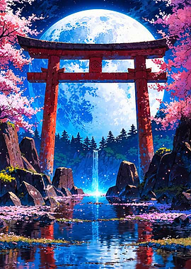 Japanese Torii Gate with Moon