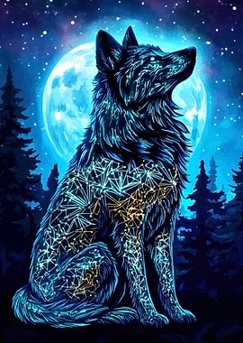 Digital Wolf Art Under Moonlight
