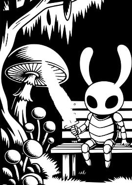 Hollow Knight on a bench