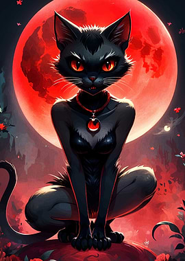 Anthropomorphic Black Cat with Red Moon