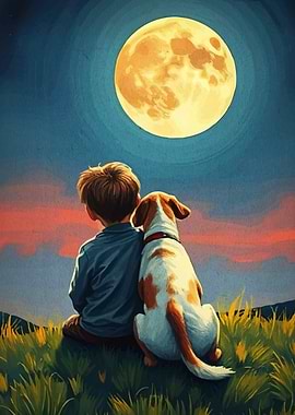 Boy and Dog Under the Moon