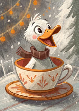 Duckling in Teacup Winter Scene
