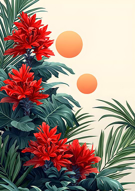 Tropical Red Flowers and Green Leaves