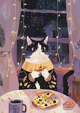 Cat eating pizza at night