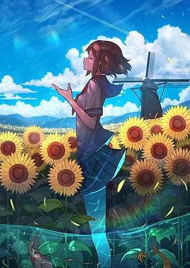 Anime Girl in Sunflower Field