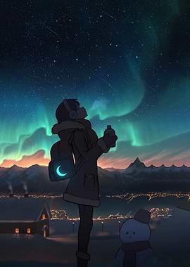 Girl watching Aurora Borealis with Snowman