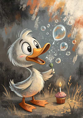 Cartoon Duck with Bubbles and Cupcake
