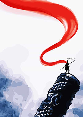 Silhouette Warrior on Peak with Red Streamer