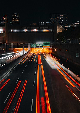Montreal highway at night with light trails